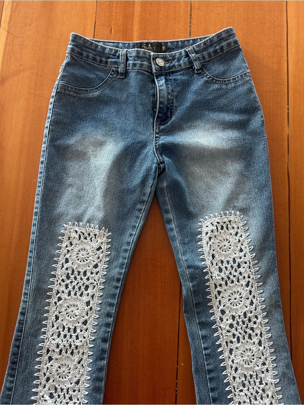 Womens Blue Jeans with White Crochet Inset - Unbranded